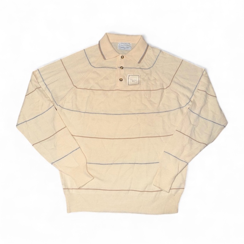 Vintage Christian Dior Long Sleeve Polo Shirt Men's Size L Creme Stripes Sweater